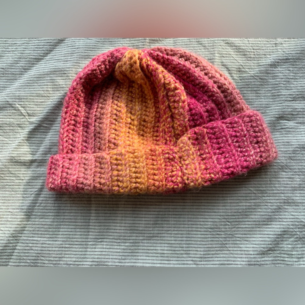 Homemade crocheted toque.